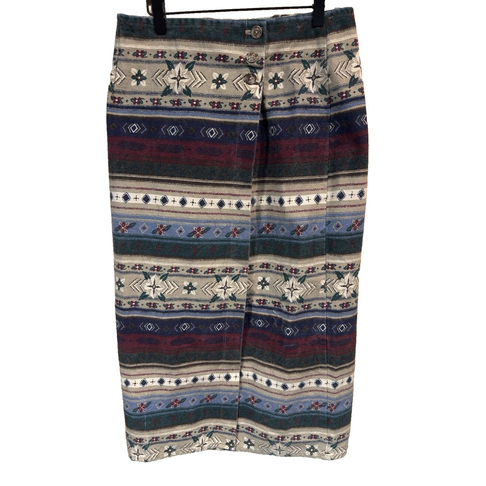 Vintage Stuffed Shirt Jeanswear Size 12 Denim Skirt Pockets Aztec Print